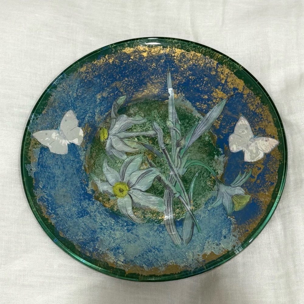 Hand-Painted Floral Glass Art Decorative Plate in Blue and Green 8”